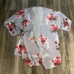 Floral open front short sleeve kimono
